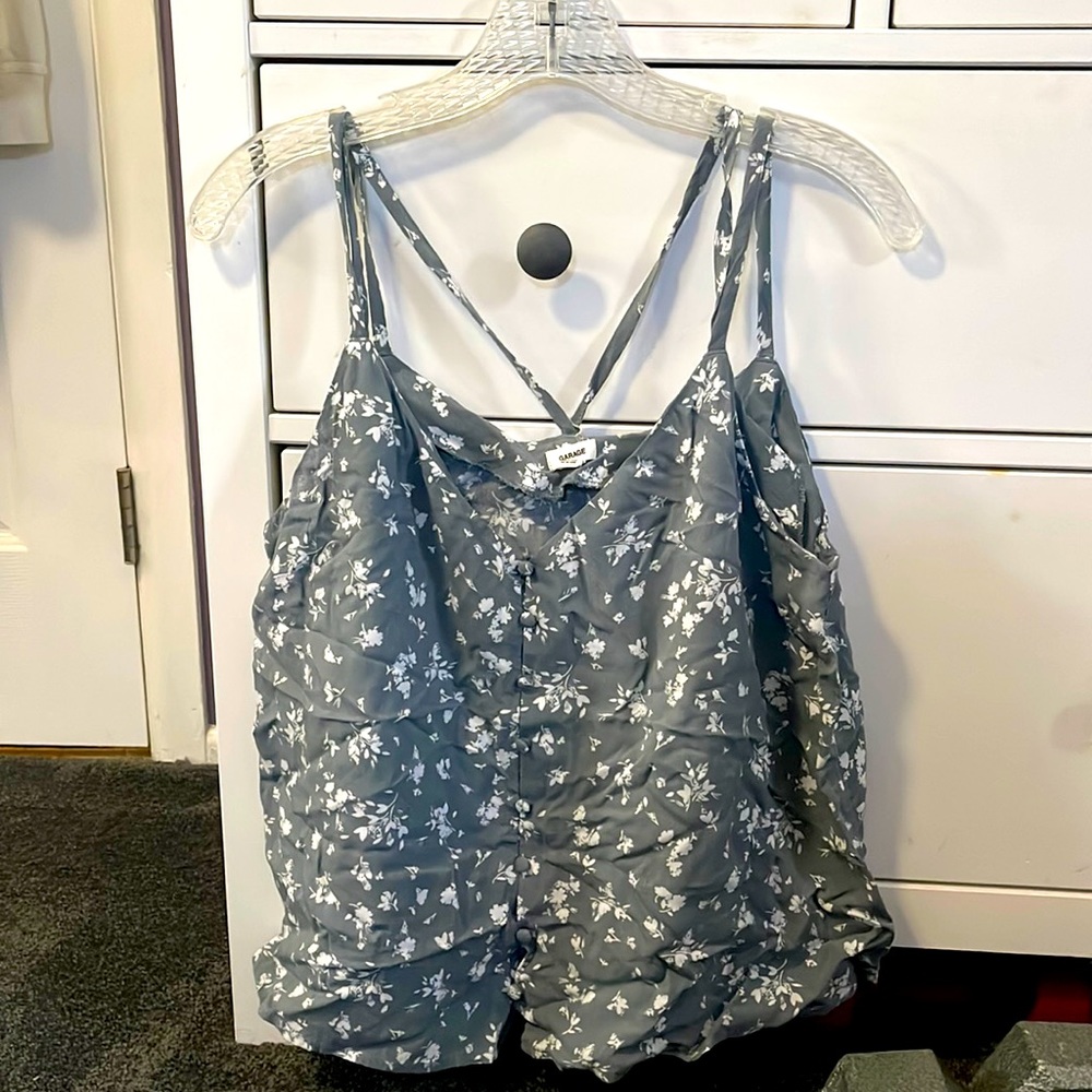 Green and white floral button up tank top from Garage. Size medium.